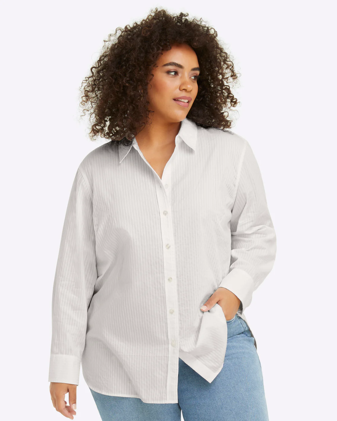 Button Down Top in White Shirting Stripe - Image 3