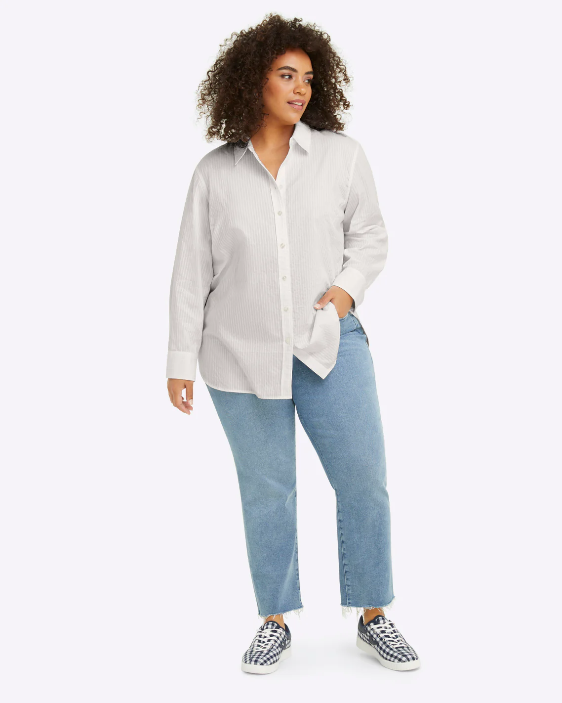 Button Down Top in White Shirting Stripe - Image 5