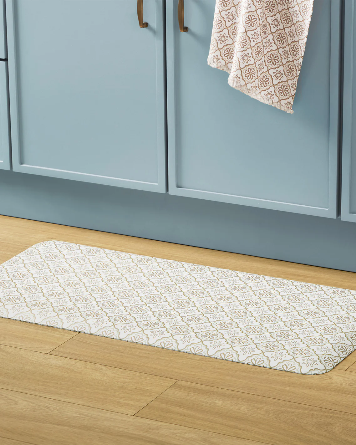 Geometric Floral Kitchen Mat in Natural