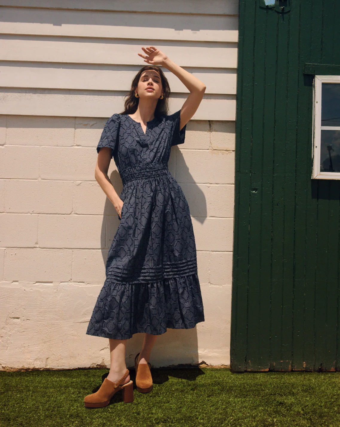 Hollie Midi Dress in Navy Textured Stripe - Image 2