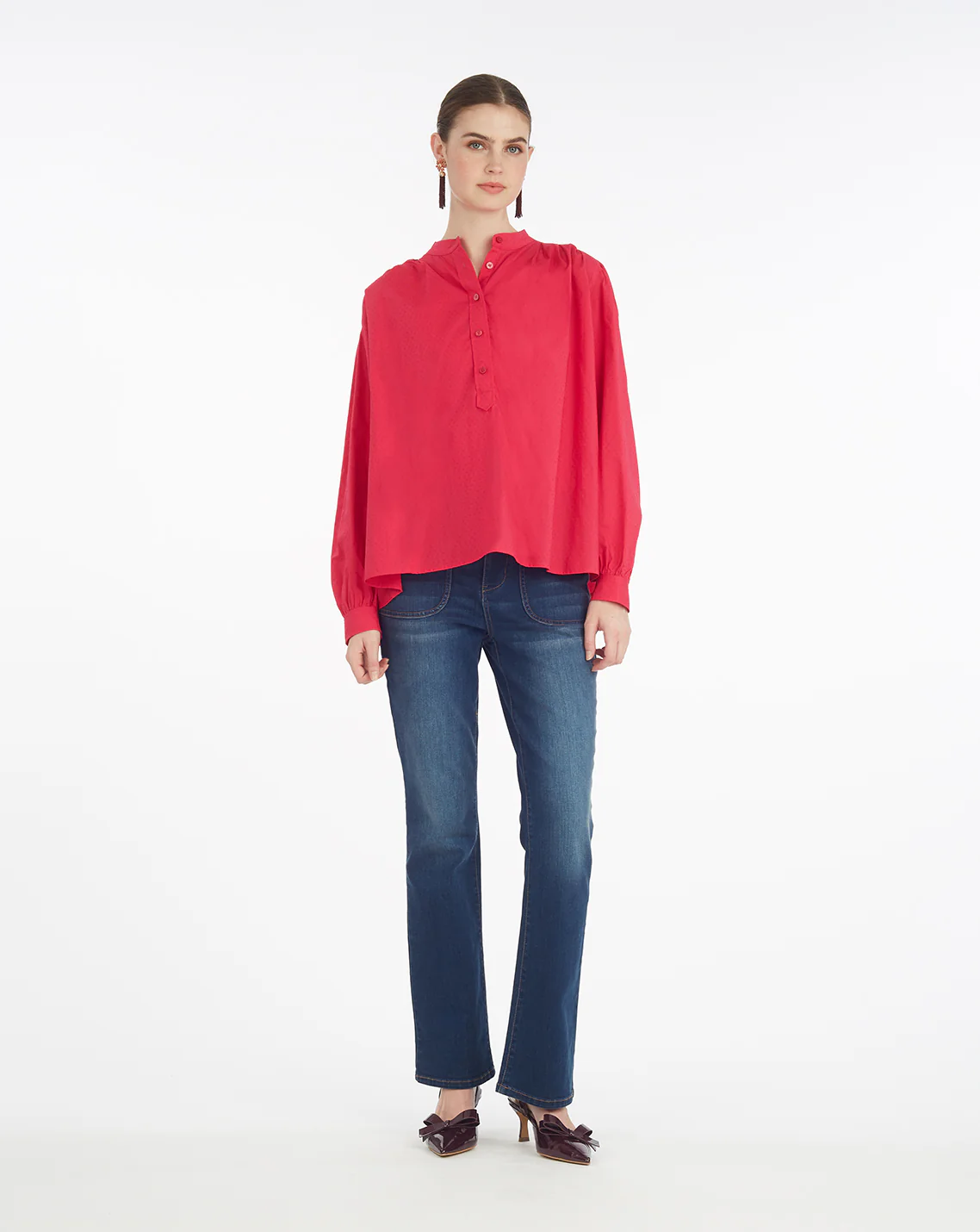 Pleated Button Down in Cotton Dobby in Love Potion