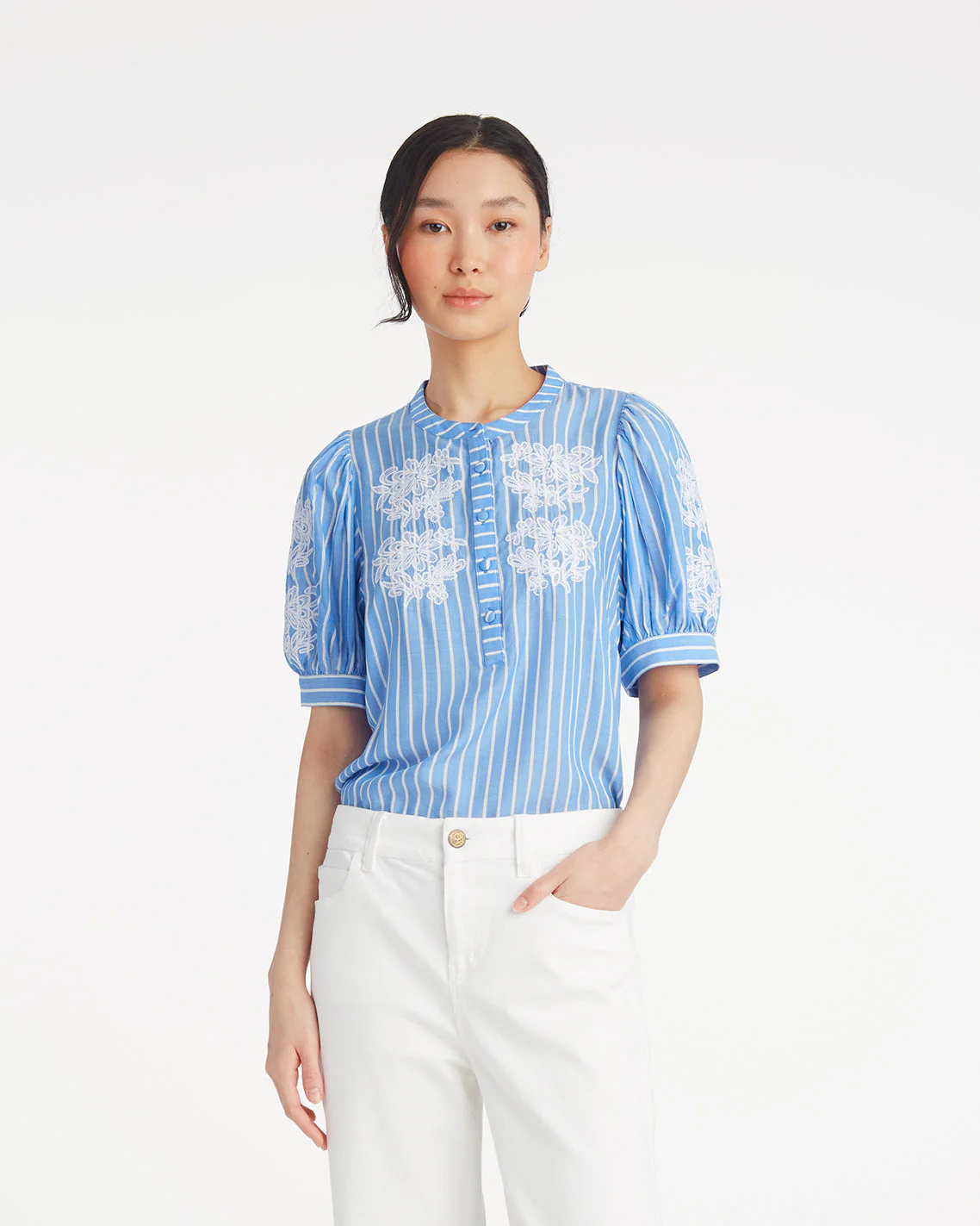 Puff Sleeve Top with Floral Embroidery - Image 2