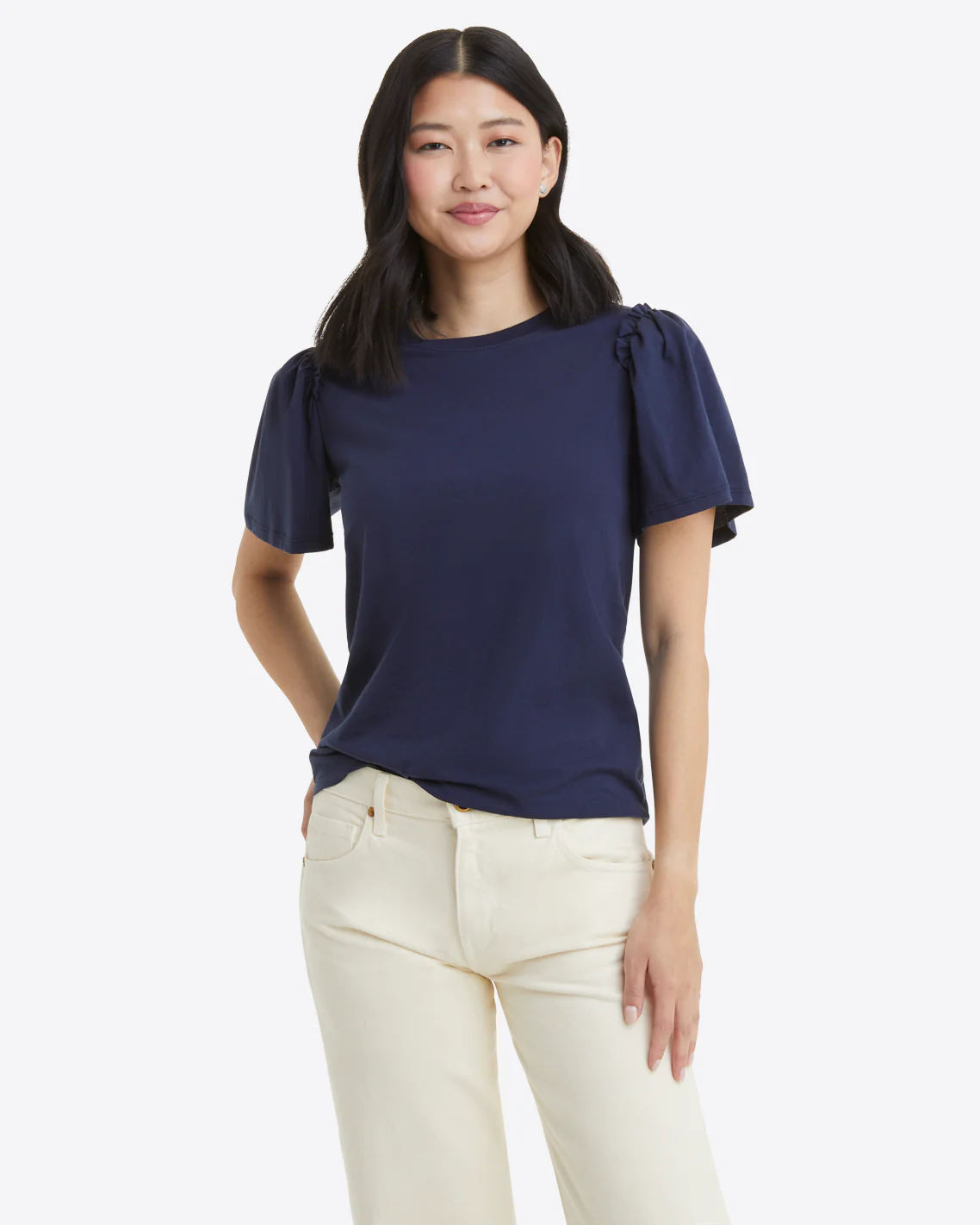 Short Sleeve Easy Knit Top in Navy - Image 3